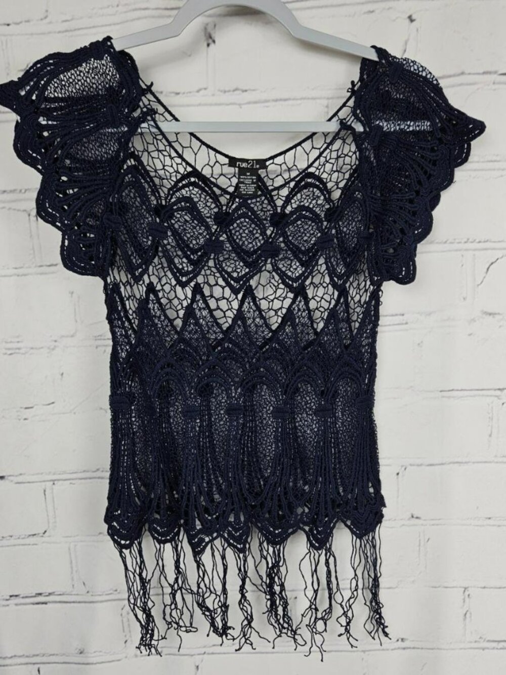 rue21 Navy Blue Crochet Fringe Top Womens M Festival Boho Outdoors Coastal